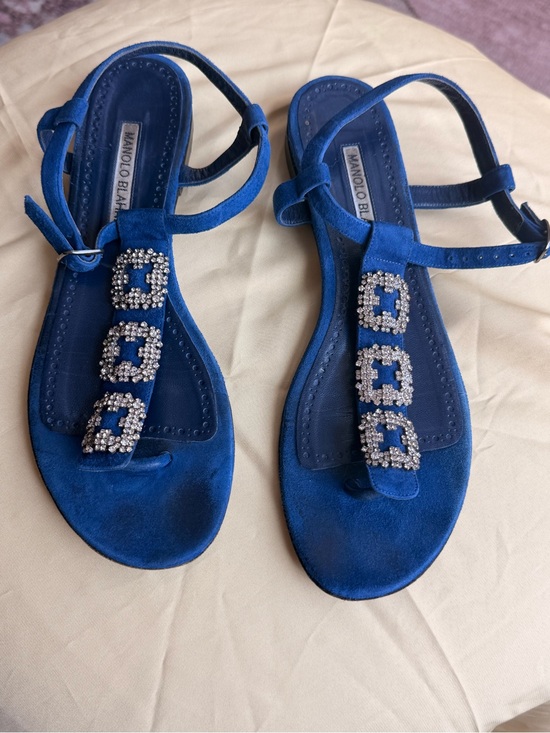 Manolo Blahnik Shoes - Manolo Blahnik Hangisi Cobalt Blue Suede Crystal Buckle T-Strap Sandals 39.5